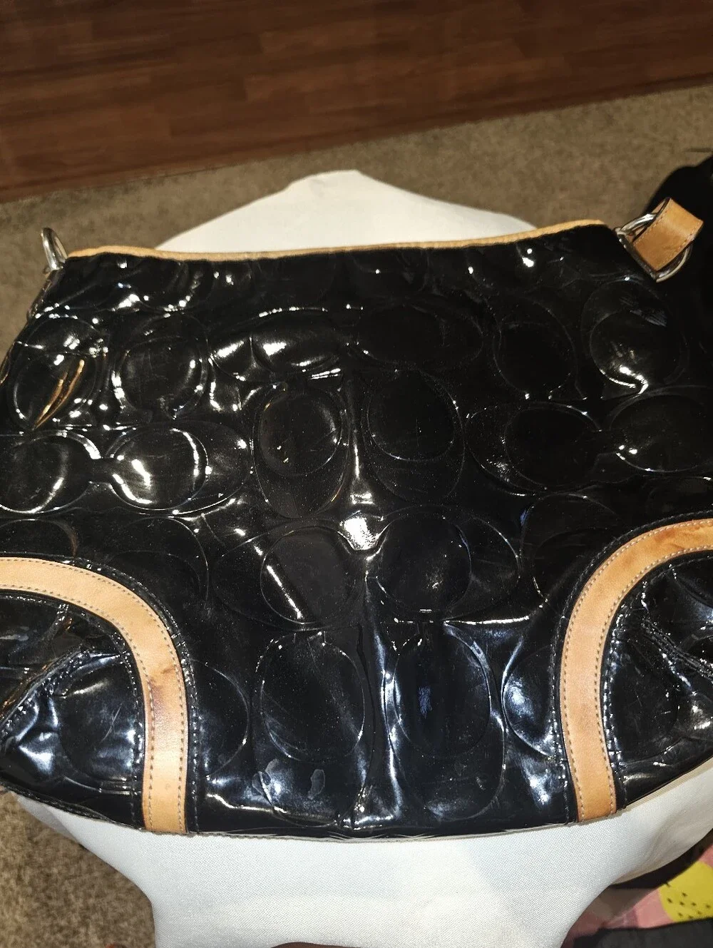 COACH Peyton Black Patent Shoulder Bag with Tan Trim - Picture 6 of 6